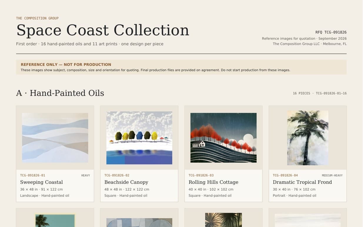 Space Coast Collection reference sheet, top of page: title, reference-only notice, and the first row of hand-painted oils with formats and dimensions