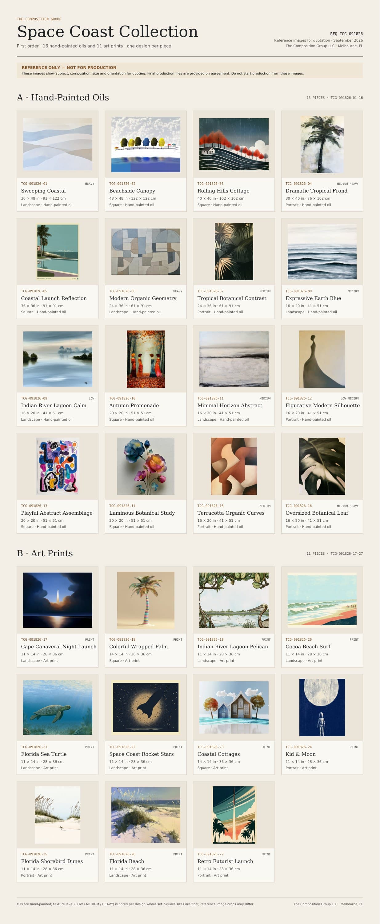 Space Coast Collection reference sheet: 27 numbered pieces (16 hand-painted oils, 11 art prints) with formats, dimensions, and production notes, marked reference only — not for production